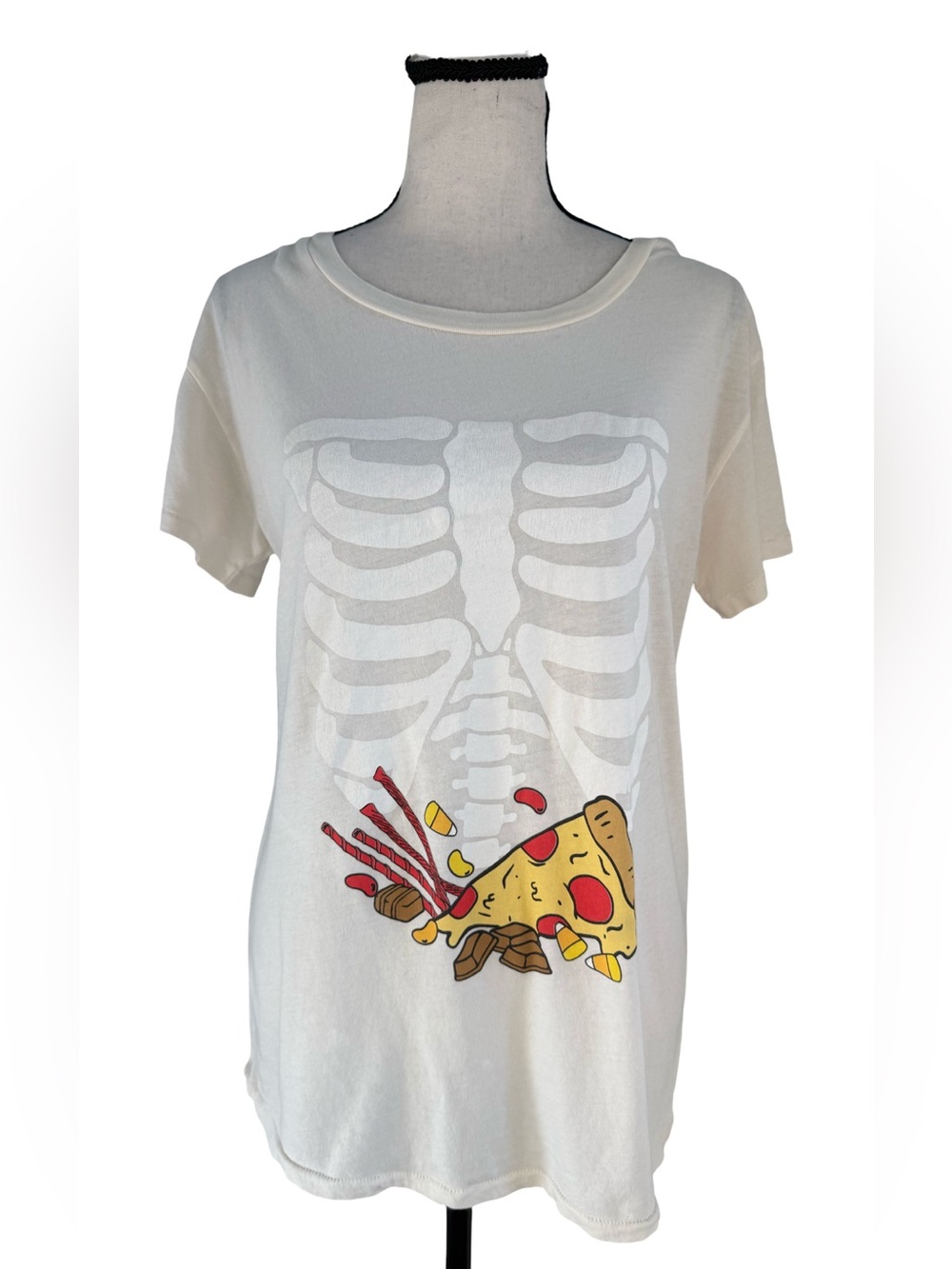 Wildfox Skeleton Pizza Graphic Tee White T Shirt Size S Halloween Y2K Casual